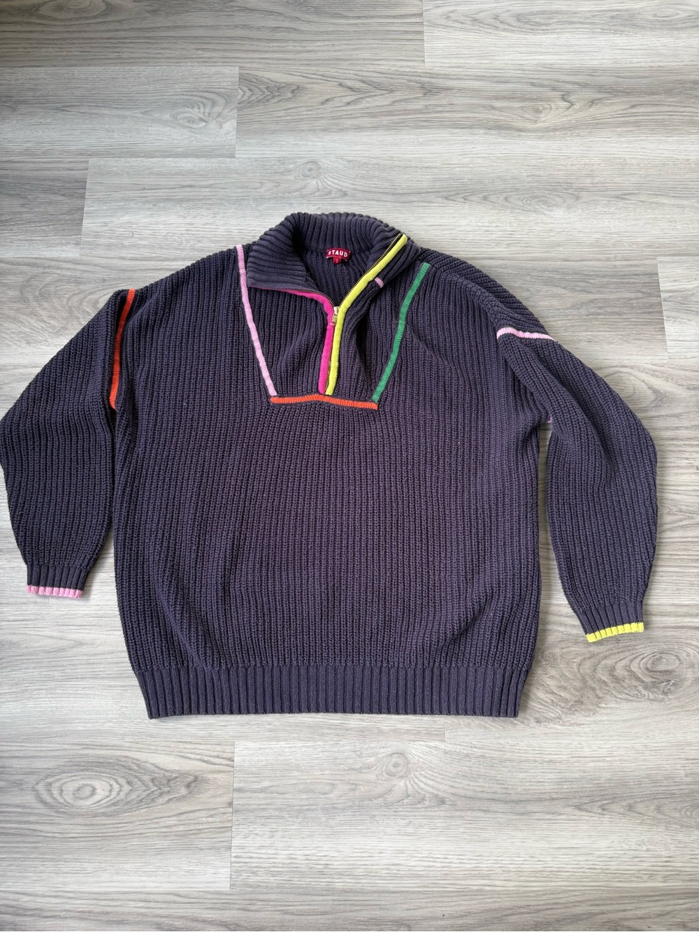 STAUD Dark Purple Half-Zip oversized Sweater with Neon Trim